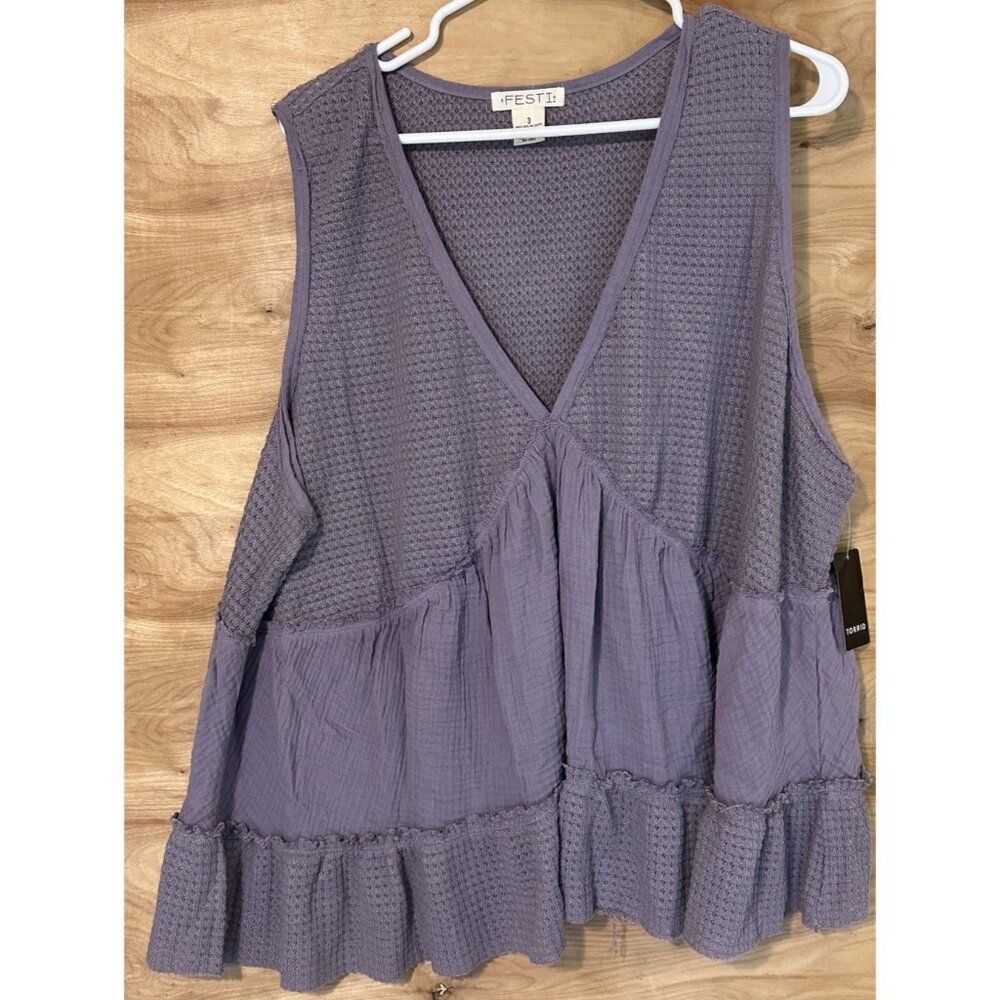 NWT Torrid 3X 22-24 V NECK BABYDOLL TANK Purple Tiered Waffle Knit